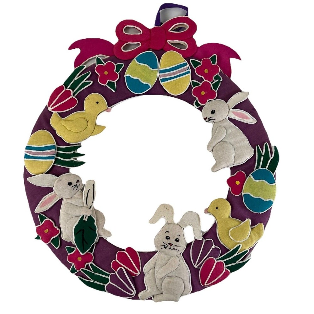 Vintage Fabric Easter Wreath Bunnies Eggs & Chicks Kitschy Holiday Decor 16''